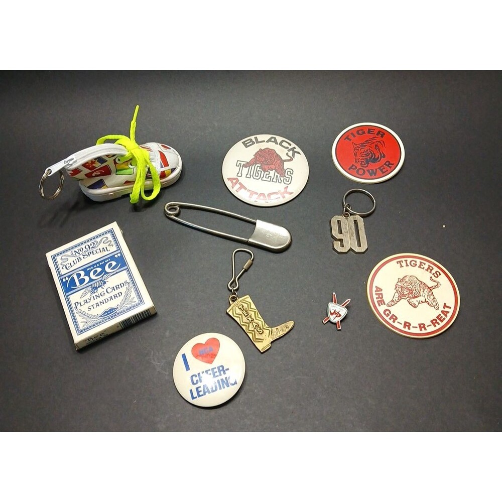 Vtg Lot Tigers Button Pins Ski NCA Cheer Big Safety Pin 90 & TX Keychain Cards